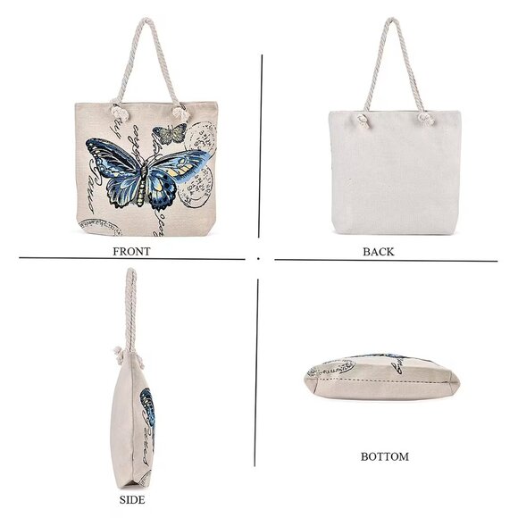 Beige/Blue Butterfly Pattern Jute Large Tote Bag - Picture 3 of 4